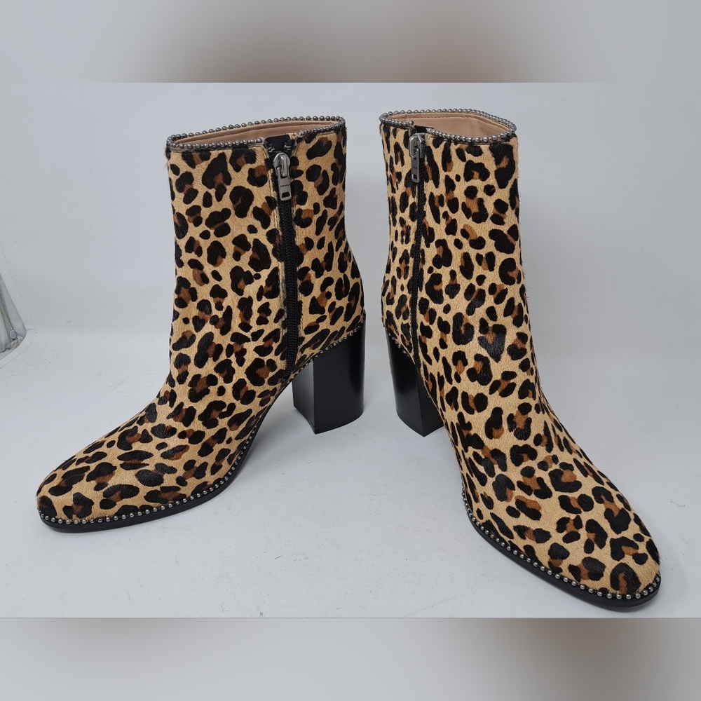 NWT Coach Drea Ankle Boots Bootie Zip Shoes Heels Leopard Calf Fur 8 US 38.5 EU - Picture 2 of 14